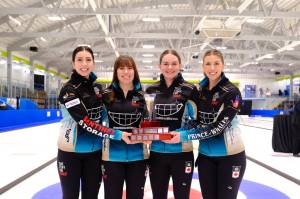 (L-R) Julianna Mackenzie, Kim Bonneau, Megan McGillivray and Taylor Reese-Hansen pose after their win at the 2026 B.C. Women&rsquo;s Curling Championship finals. (Olivier Laurin/Victoria News)