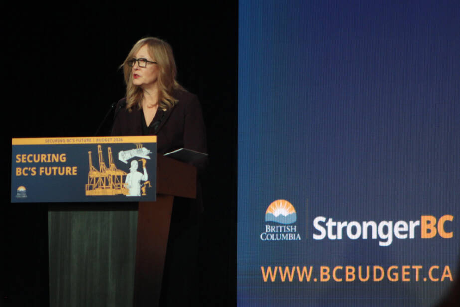 B.C. Finance Minister Brenda Bailey presents Budget 2026 to media in Victoria on Tuesday, Feb. 17, 2026. (Lauren Collins/Black Press Media)