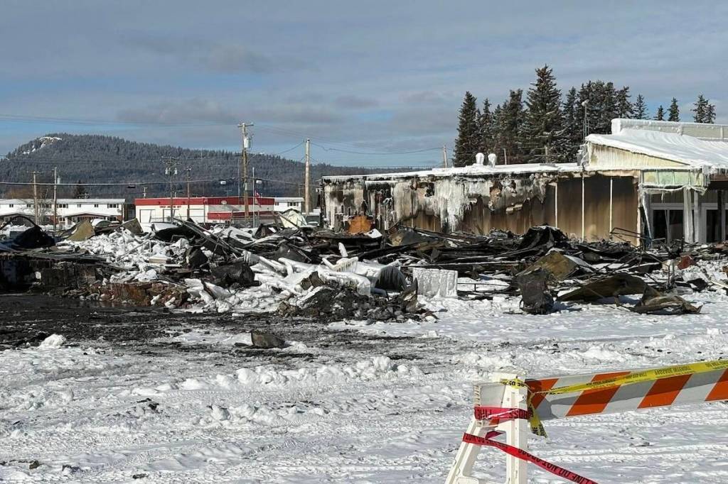 The Fraser Lake Shopping Centre following the Feb. 22, fire. (Ellis Ross/ Facebook)