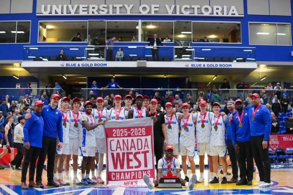The UVic Vikes claimed their 19th Canada West title with a 89-74 win over UBC on Feb. 27. They will face the University of Calgary Dinos in the U Sports &lsquo;Final 8&rsquo; quarter-finals on March 6. (Photo courtesy of UVic Vikes/Canada West)