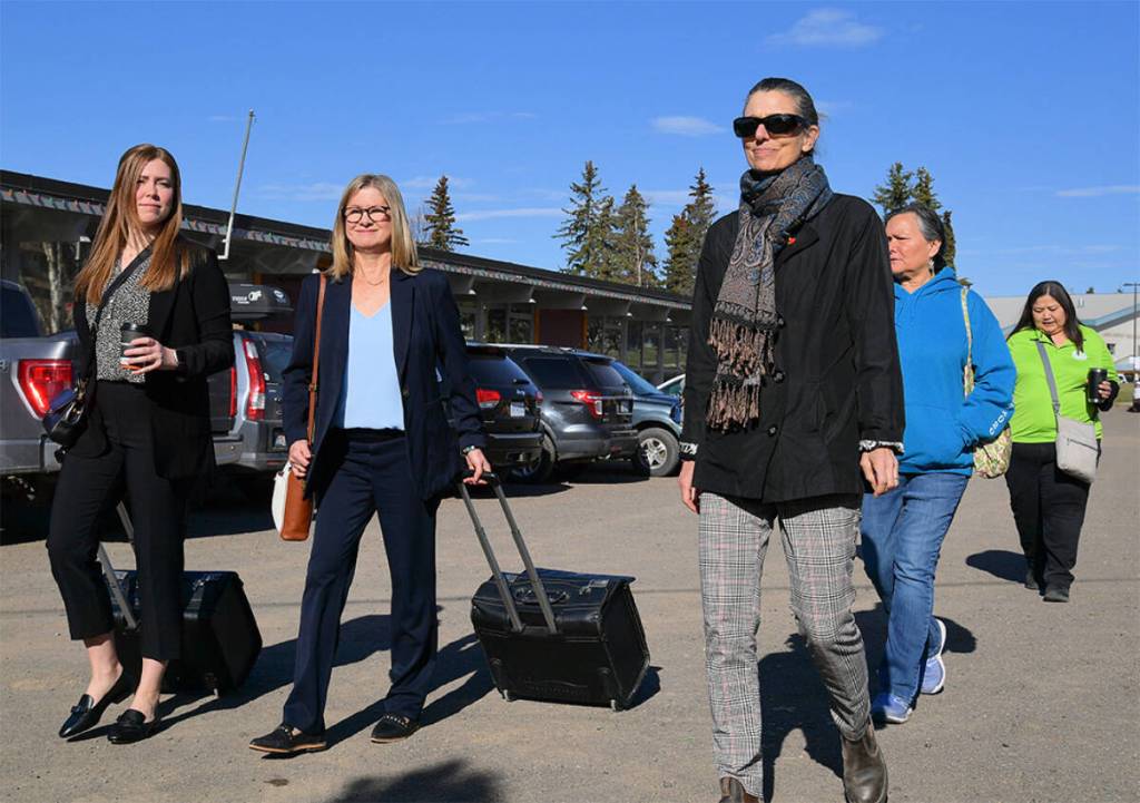 Participants in the Canadian Human Rights Tribunal public hearing in the case of Woodgate et al. v. RCMP enter Ts&rsquo;Il Kaz Koh Gathering Place in Burns Lake on Monday, May 1, 2023. A ruling on the case finally came down last month ordering the RCMP to pay the survivors for pain suffering, and reckless discrimination related to an investigation into complaints of abuse at a Burns Lake elementary school in the 1960s and 1970s. (Lakes District News archives)